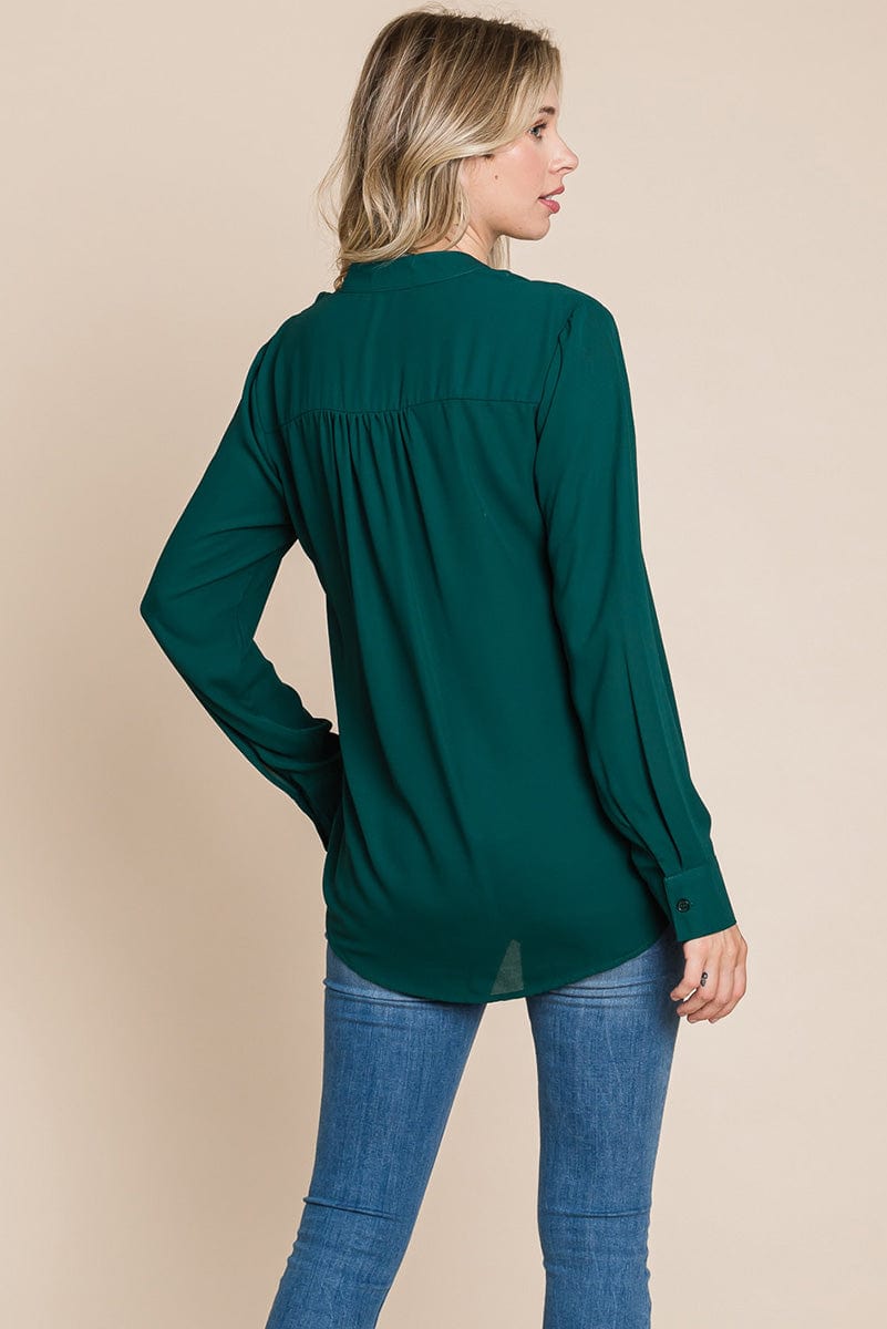 Ruffled V neck Long Sleeve Blouse Tops