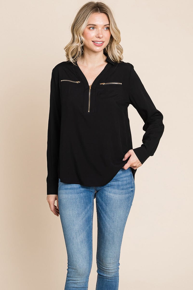 V neck Front Zip up Long Sleeve Top