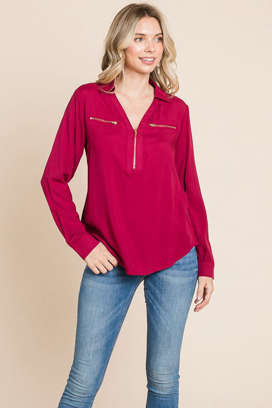 V neck Front Zip up Long Sleeve Top