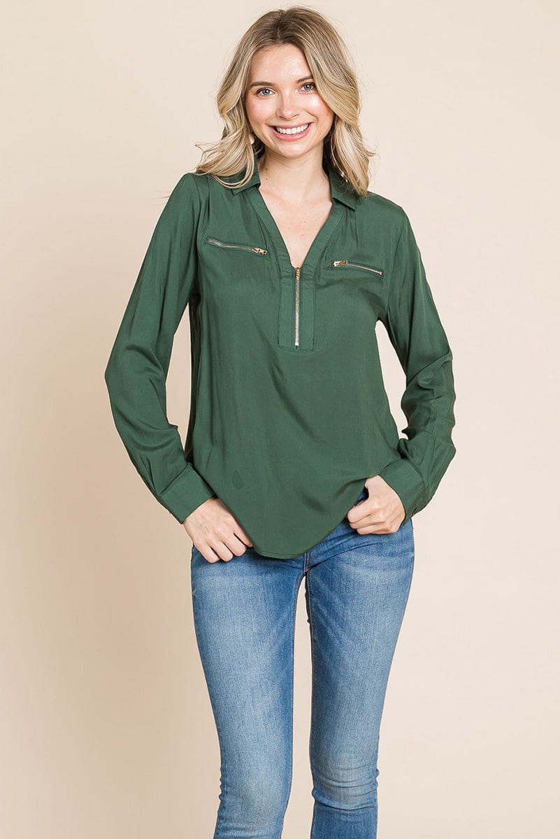 V neck Front Zip up Long Sleeve Top