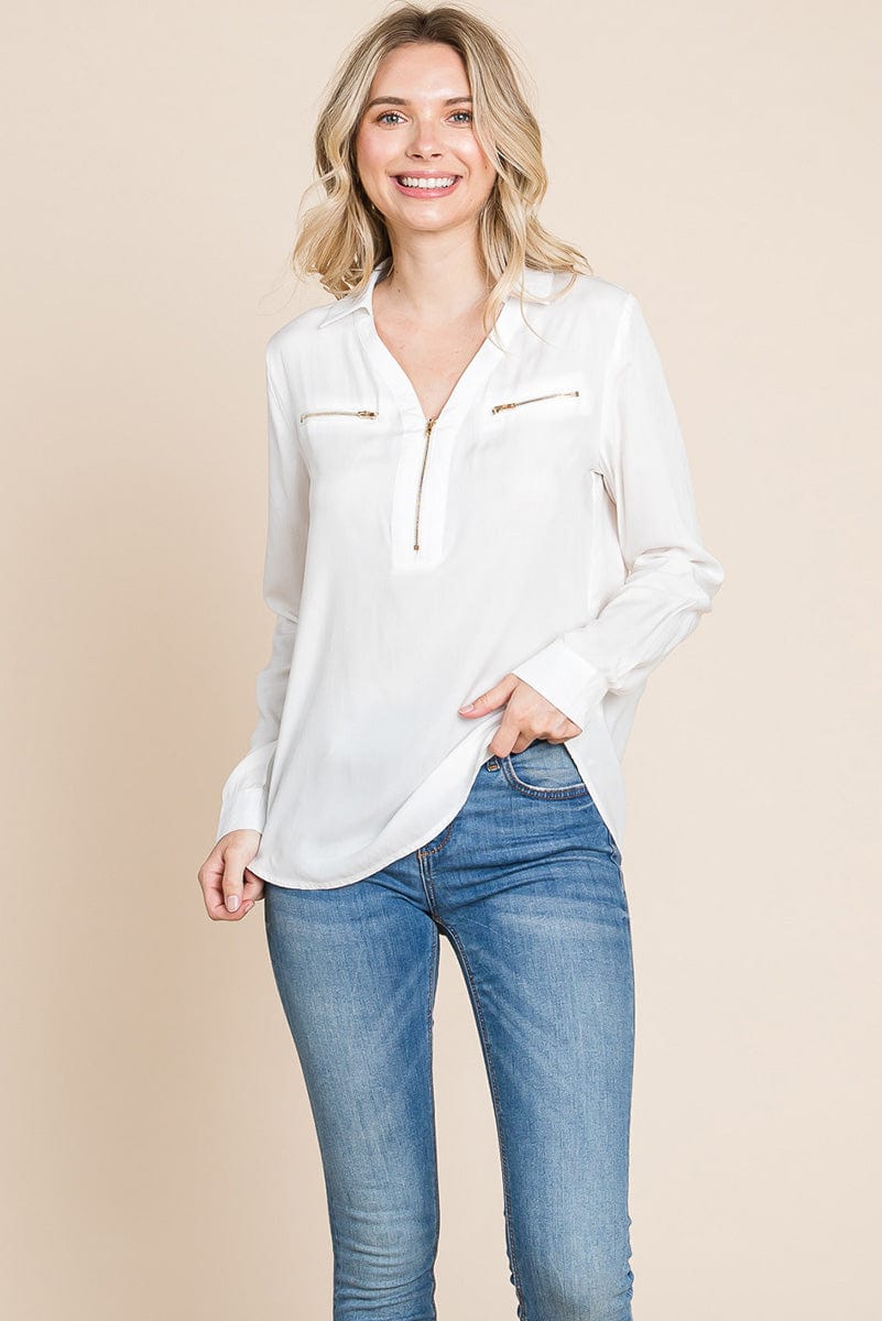 V neck Front Zip up Long Sleeve Top