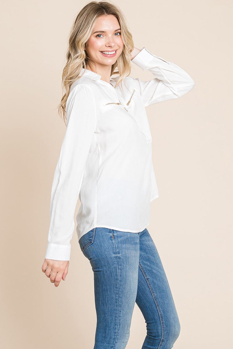 V neck Front Zip up Long Sleeve Top