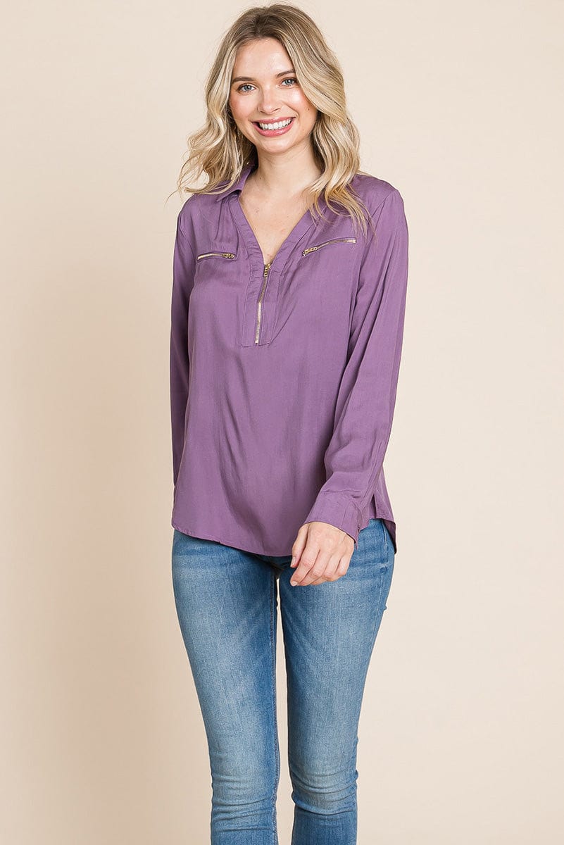 V neck Front Zip up Long Sleeve Top