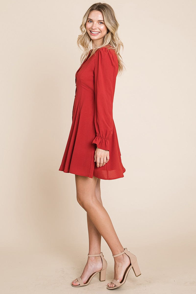 V neck Button Down Long Sleeve Dress