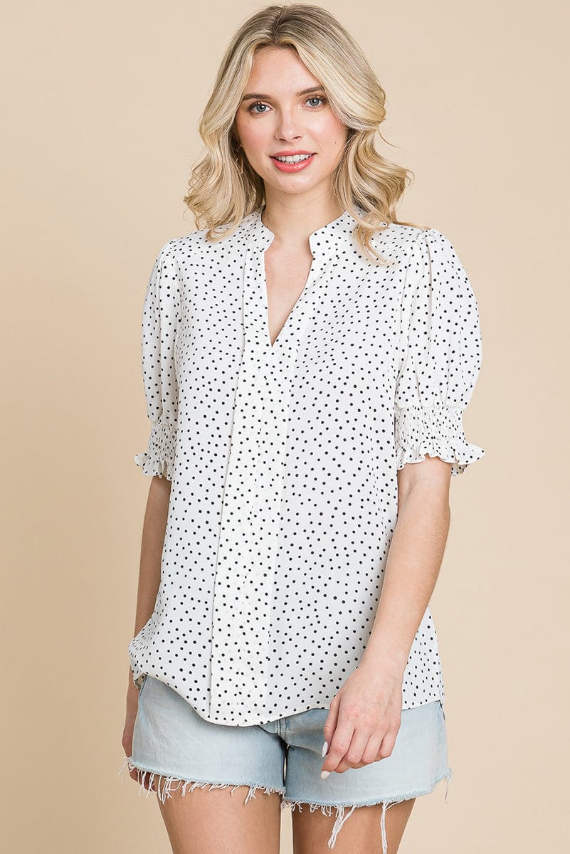 V neck Polka Dot Short Smocked Sleeve Blouse