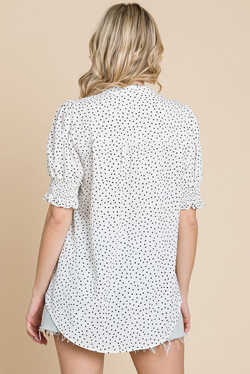 V neck Polka Dot Short Smocked Sleeve Blouse