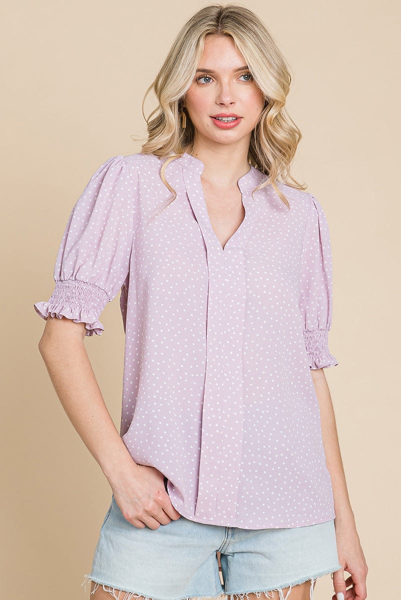 V neck Polka Dot Short Smocked Sleeve Blouse