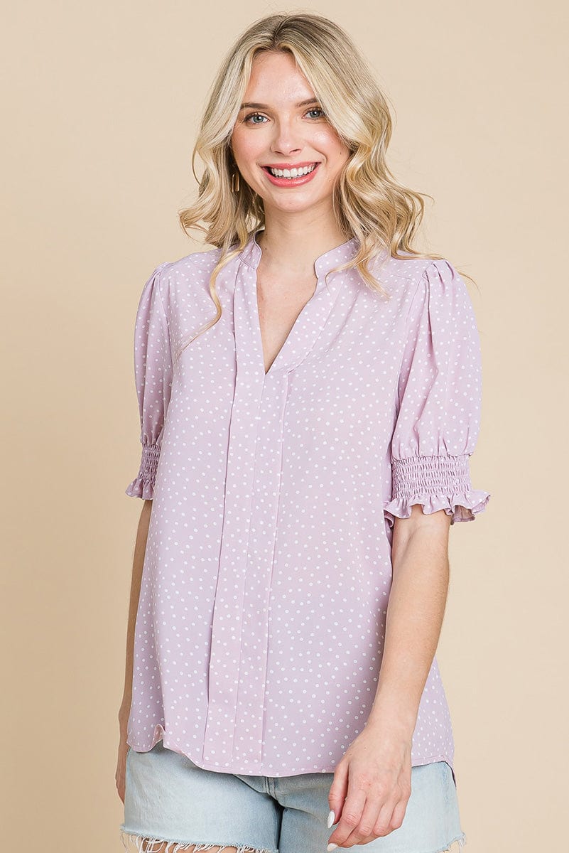 V neck Polka Dot Short Smocked Sleeve Blouse