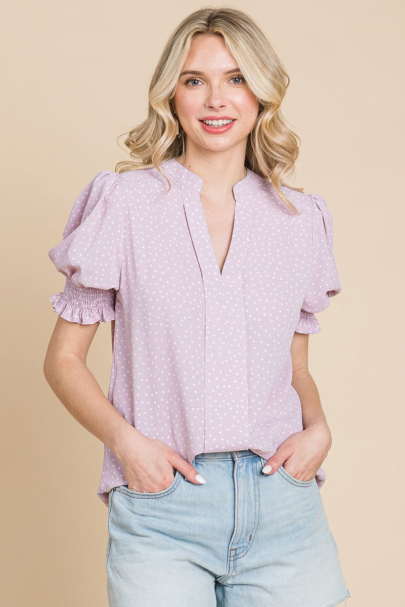 V neck Polka Dot Short Smocked Sleeve Blouse