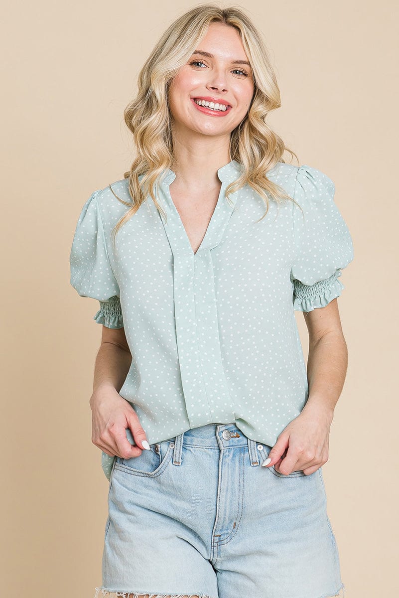 V neck Polka Dot Short Smocked Sleeve Blouse