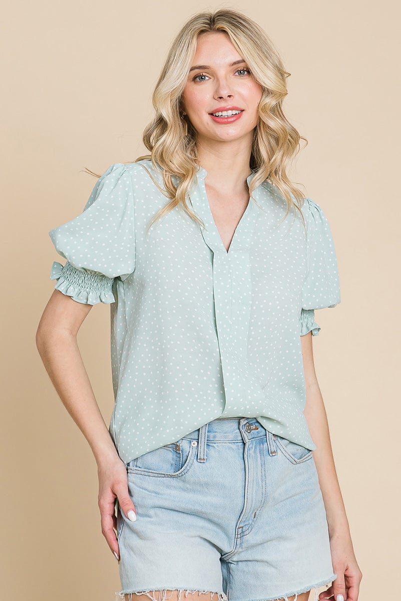 V neck Polka Dot Short Smocked Sleeve Blouse