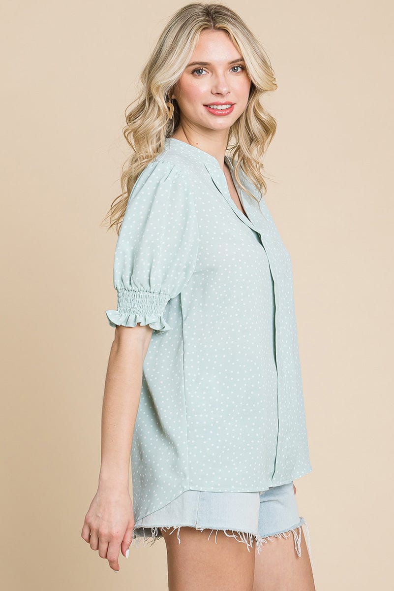 V neck Polka Dot Short Smocked Sleeve Blouse