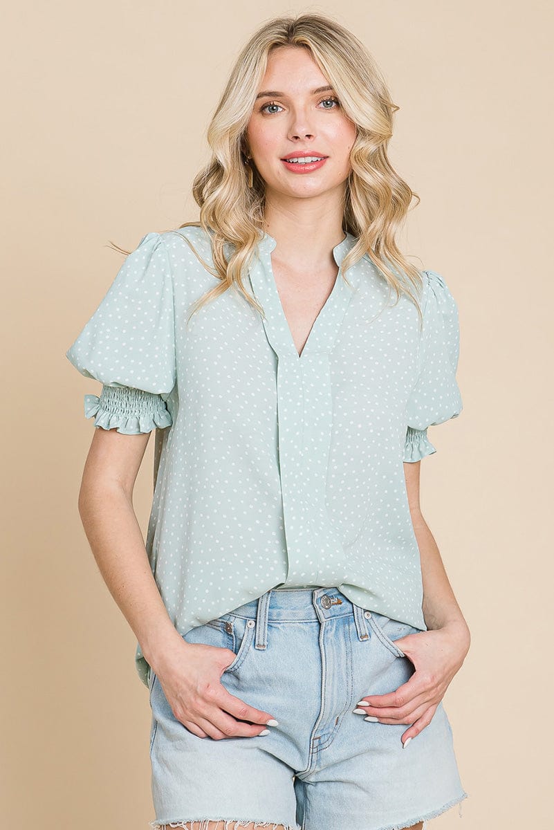 V neck Polka Dot Short Smocked Sleeve Blouse