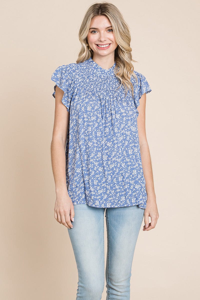 Smocked Neck Flutter Sleeve Floral Printed Tops