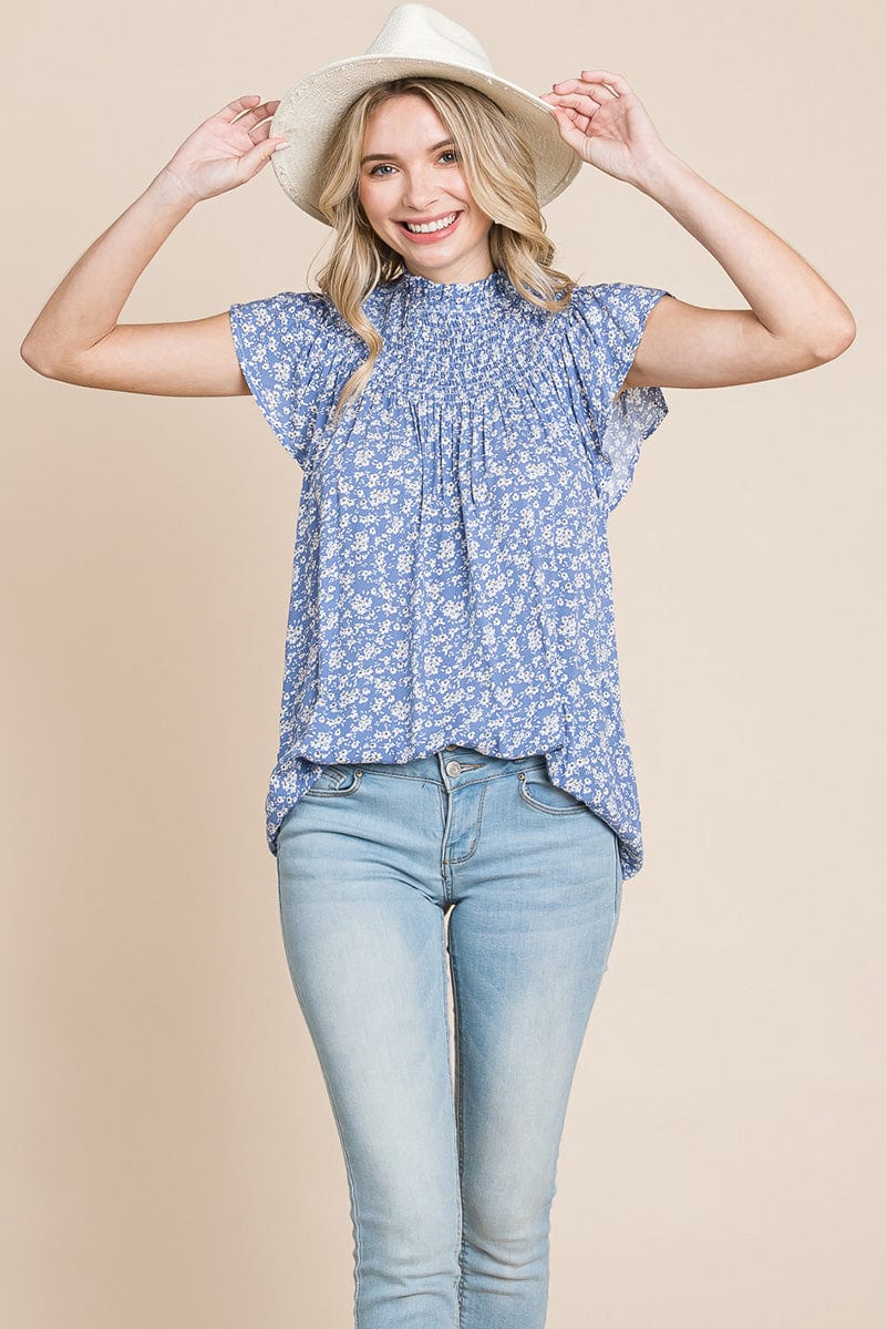 Smocked Neck Flutter Sleeve Floral Printed Tops