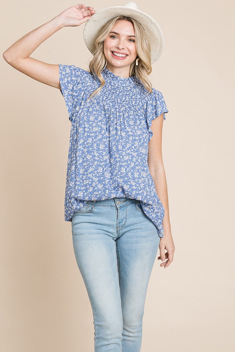 Smocked Neck Flutter Sleeve Floral Printed Tops