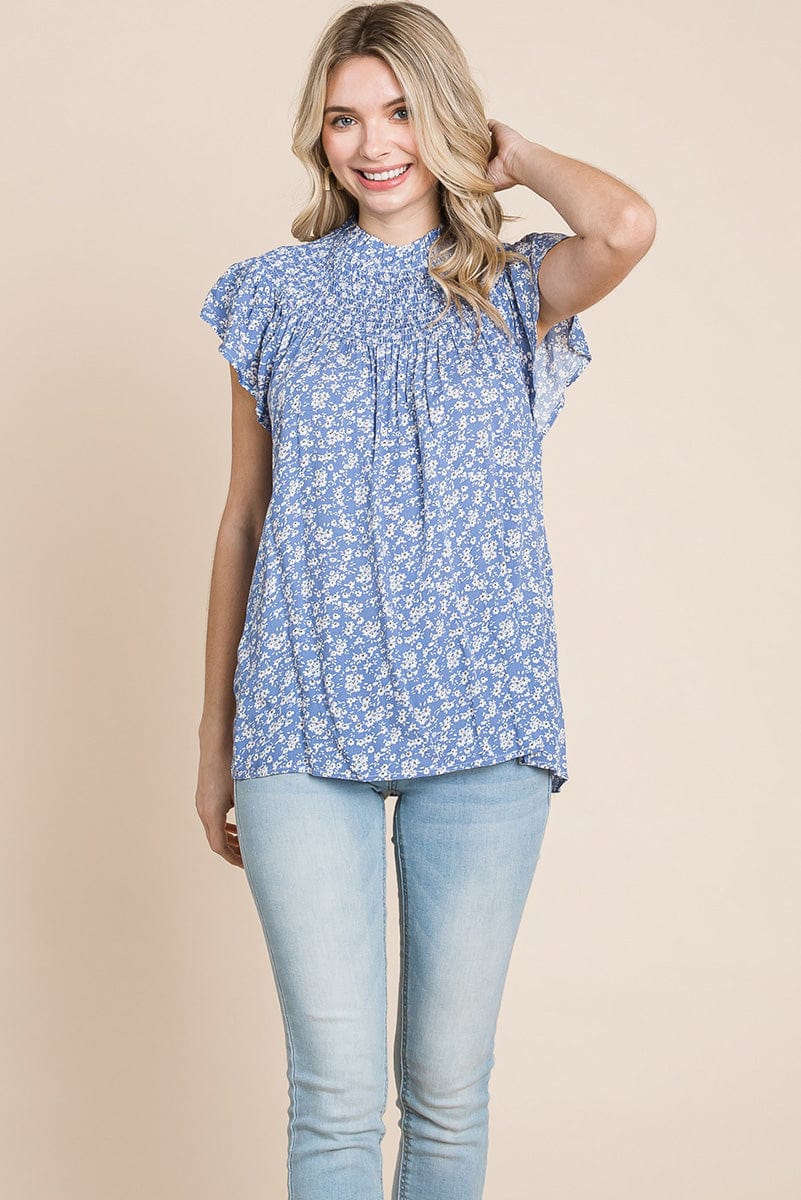 Smocked Neck Flutter Sleeve Floral Printed Tops