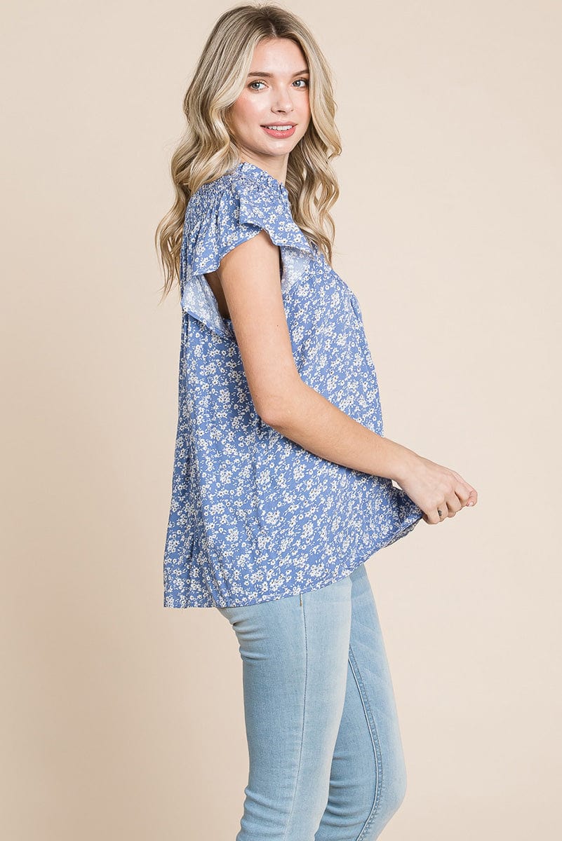 Smocked Neck Flutter Sleeve Floral Printed Tops