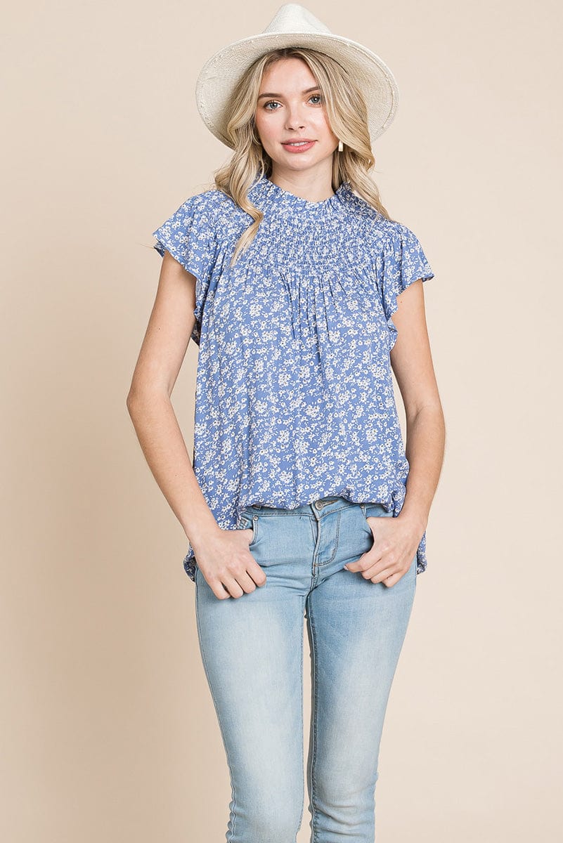 Smocked Neck Flutter Sleeve Floral Printed Tops