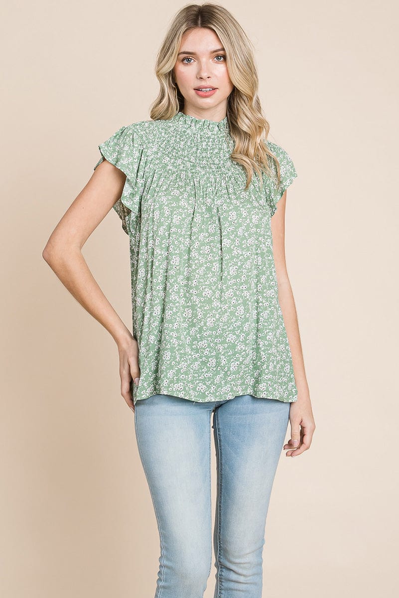 Smocked Neck Flutter Sleeve Floral Printed Tops