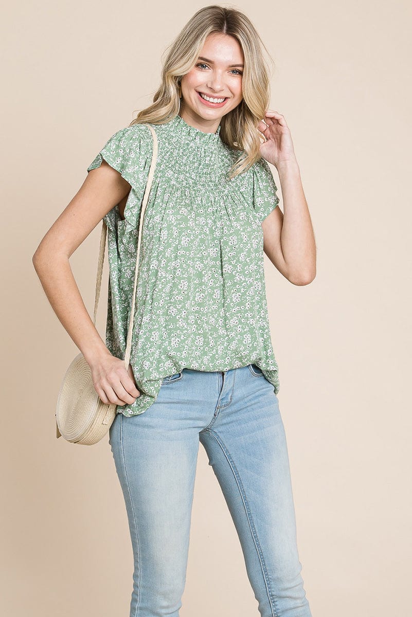 Smocked Neck Flutter Sleeve Floral Printed Tops