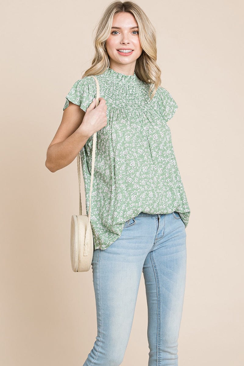 Smocked Neck Flutter Sleeve Floral Printed Tops