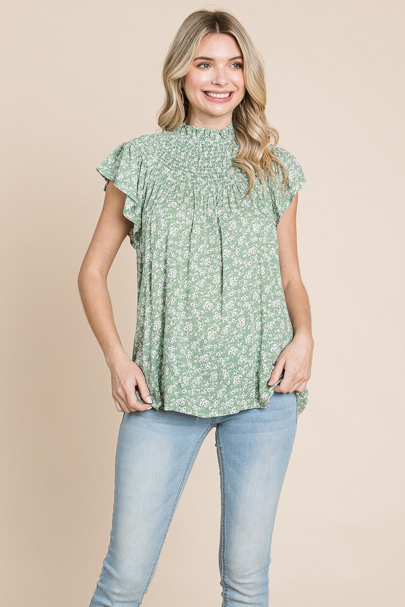 Smocked Neck Flutter Sleeve Floral Printed Tops