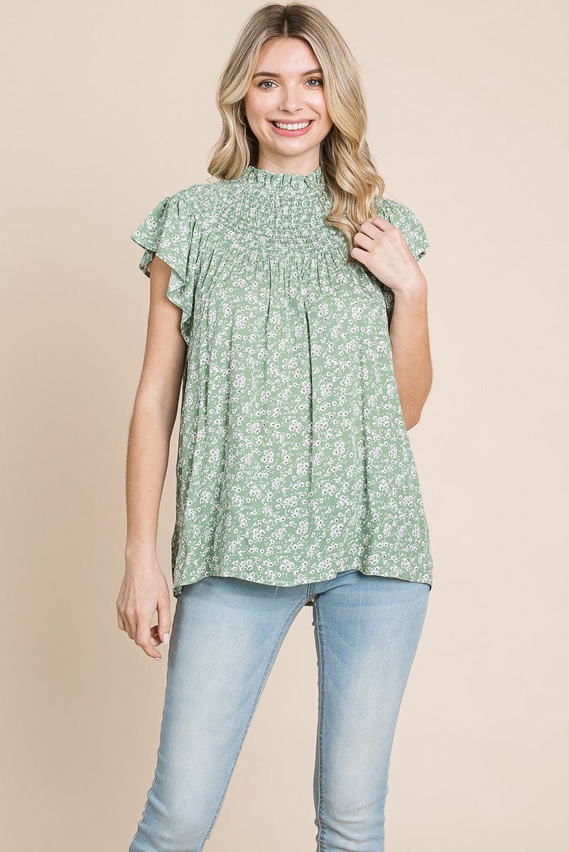 Smocked Neck Flutter Sleeve Floral Printed Tops