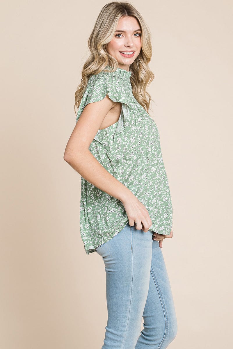 Smocked Neck Flutter Sleeve Floral Printed Tops