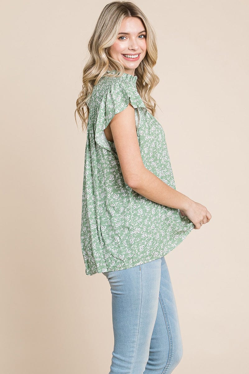 Smocked Neck Flutter Sleeve Floral Printed Tops