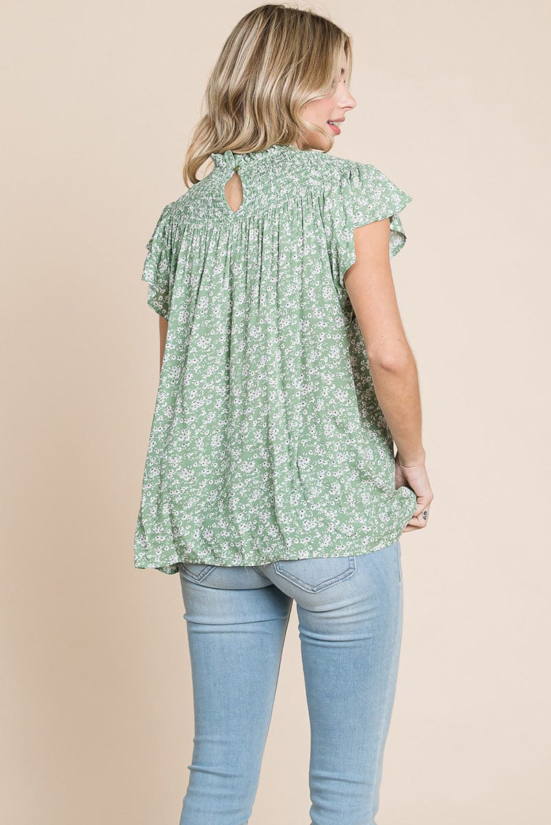 Smocked Neck Flutter Sleeve Floral Printed Tops