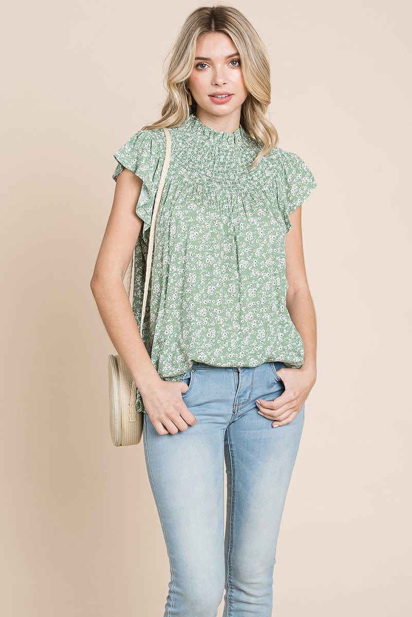 Smocked Neck Flutter Sleeve Floral Printed Tops