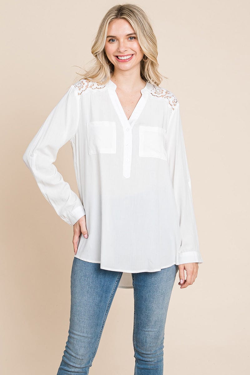 V neck Lace Long Sleeve Cotton Blouse Tops