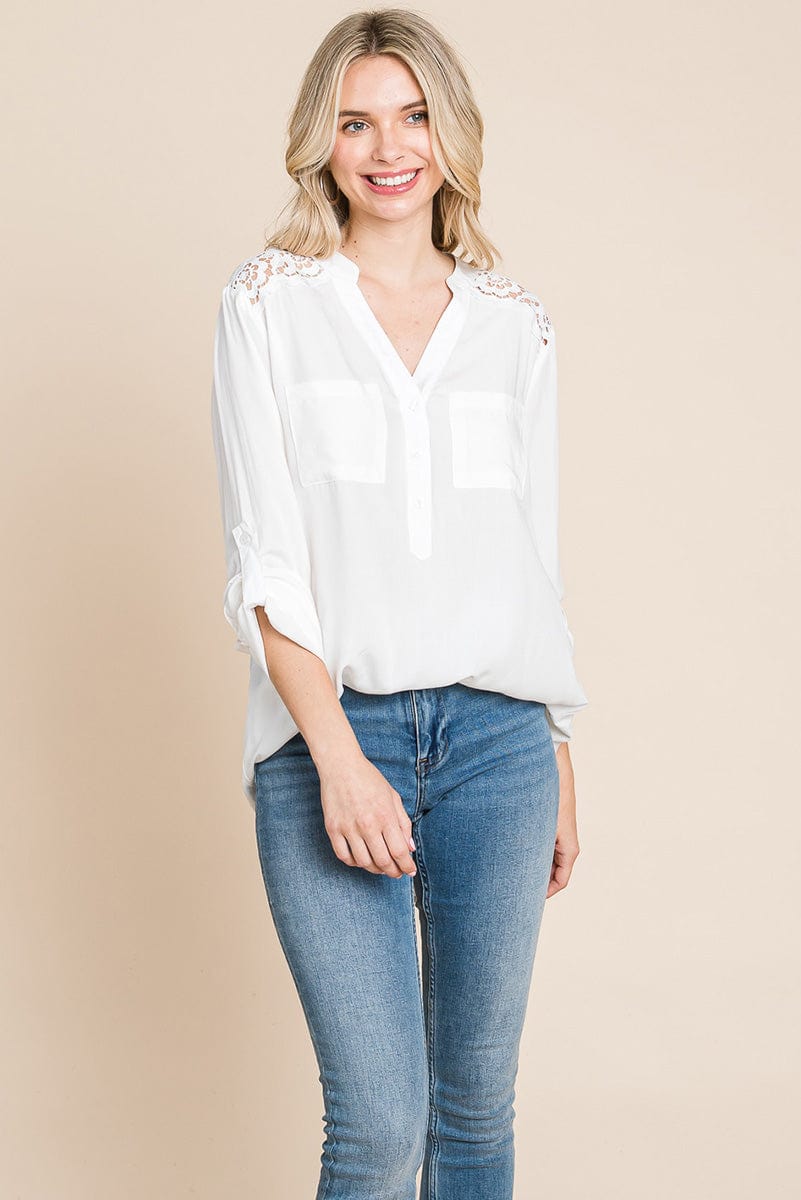 V neck Lace Long Sleeve Cotton Blouse Tops