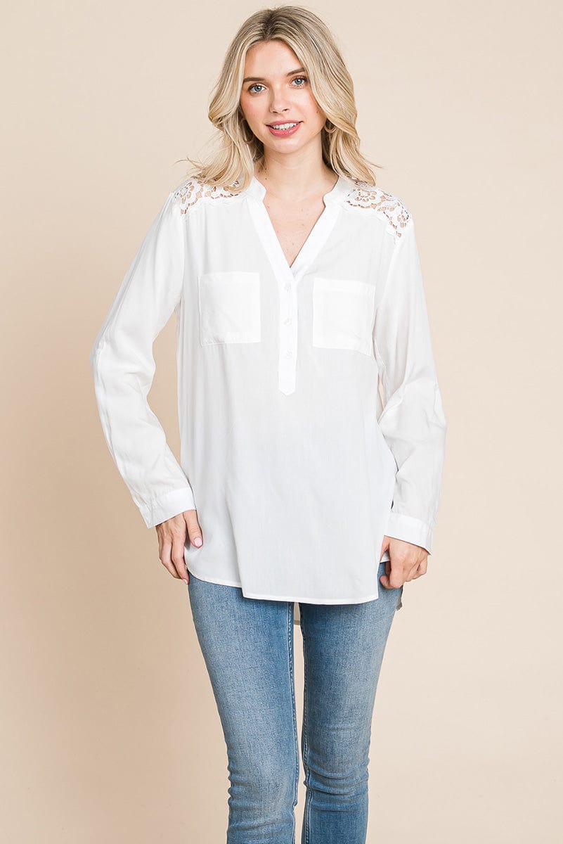 V neck Lace Long Sleeve Cotton Blouse Tops