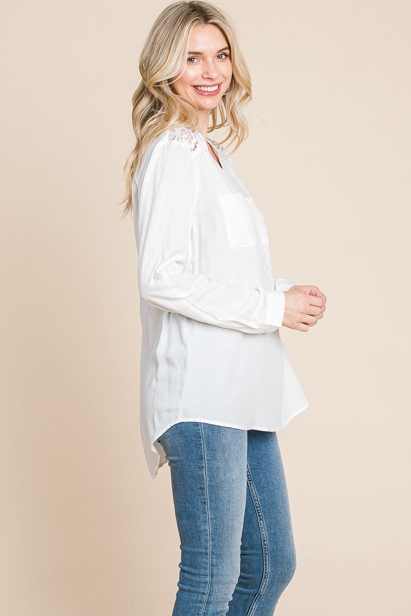 V neck Lace Long Sleeve Cotton Blouse Tops