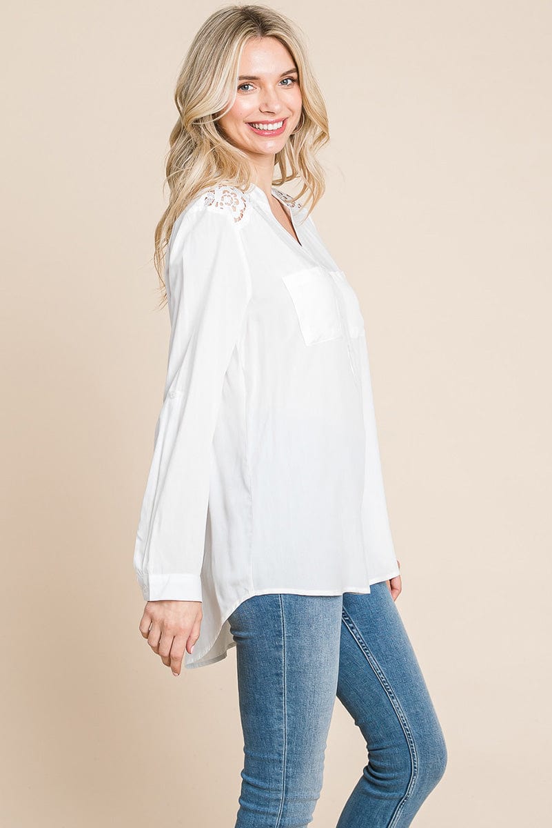 V neck Lace Long Sleeve Cotton Blouse Tops