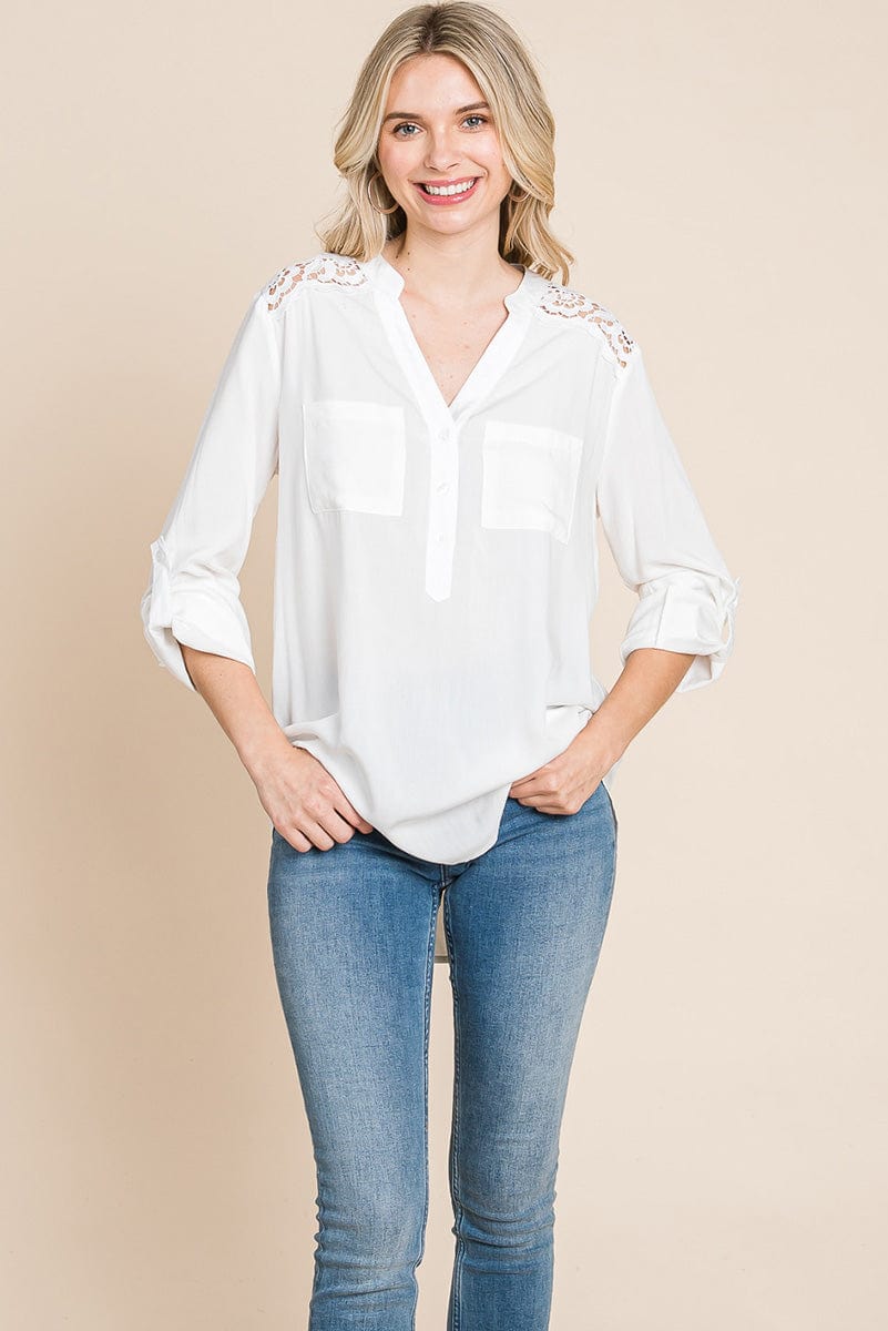 V neck Lace Long Sleeve Cotton Blouse Tops