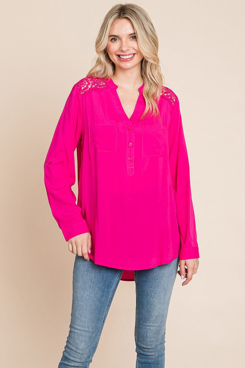 V neck Lace Long Sleeve Cotton Blouse Tops