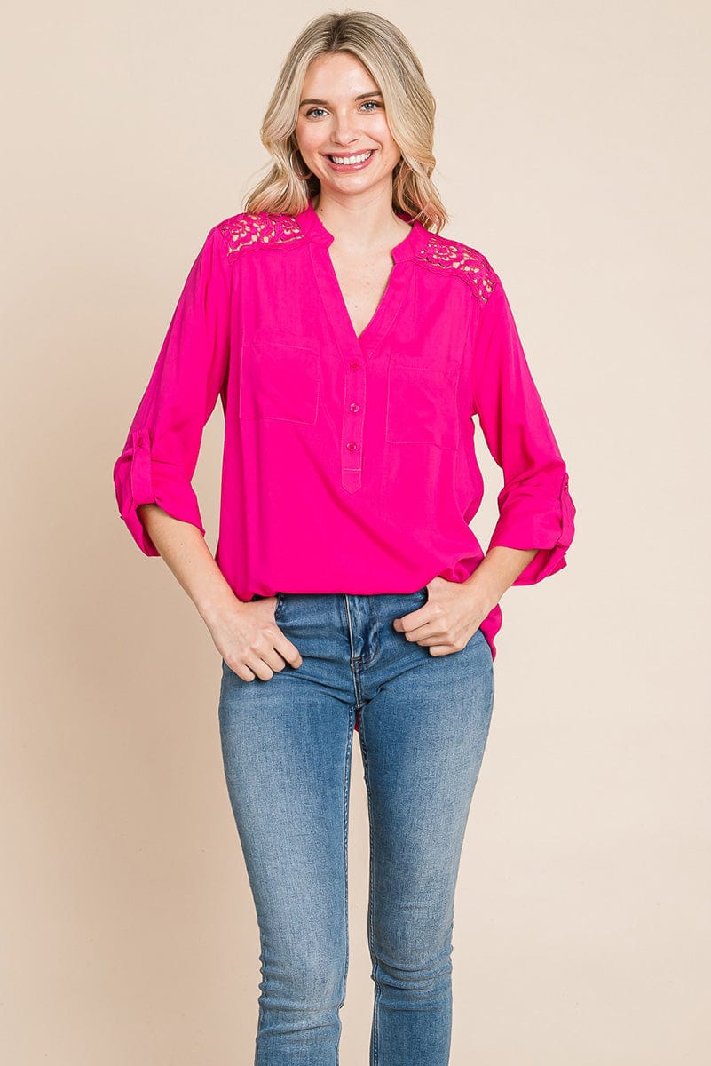 V neck Lace Long Sleeve Cotton Blouse Tops