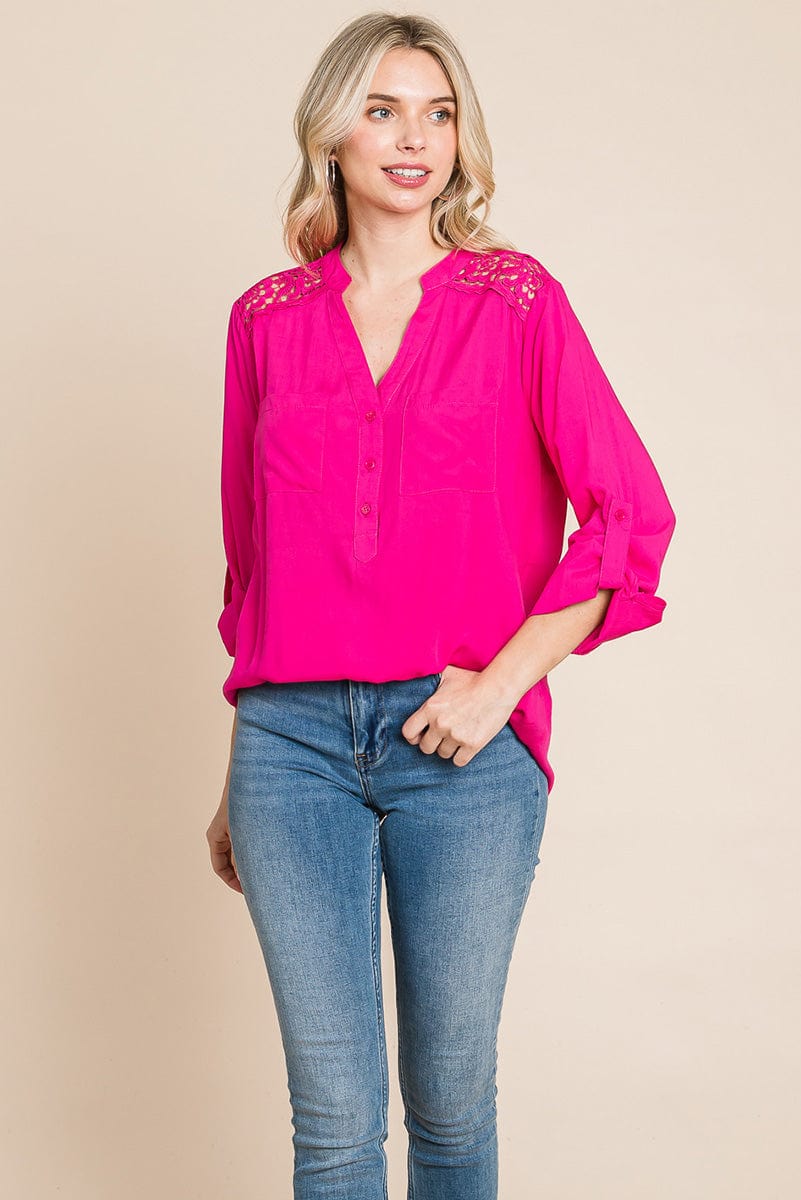 V neck Lace Long Sleeve Cotton Blouse Tops