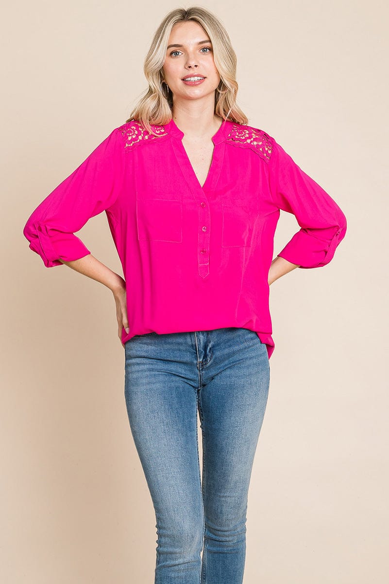 V neck Lace Long Sleeve Cotton Blouse Tops