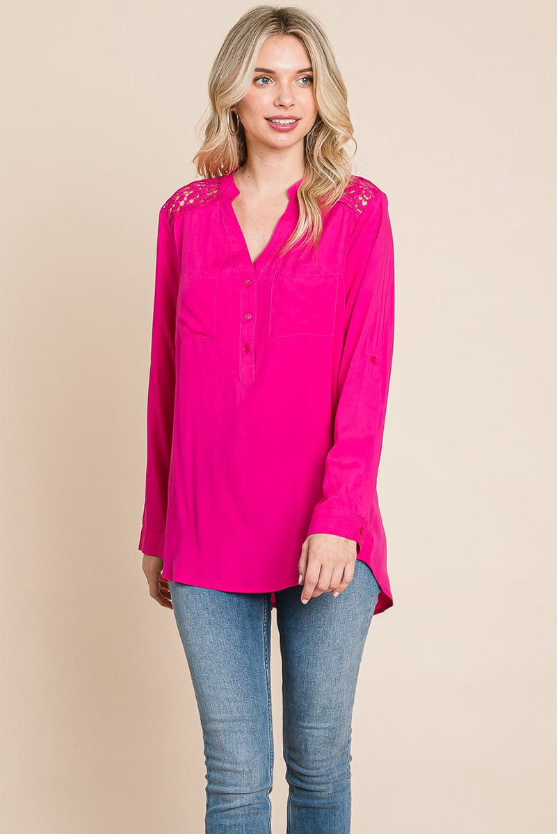 V neck Lace Long Sleeve Cotton Blouse Tops