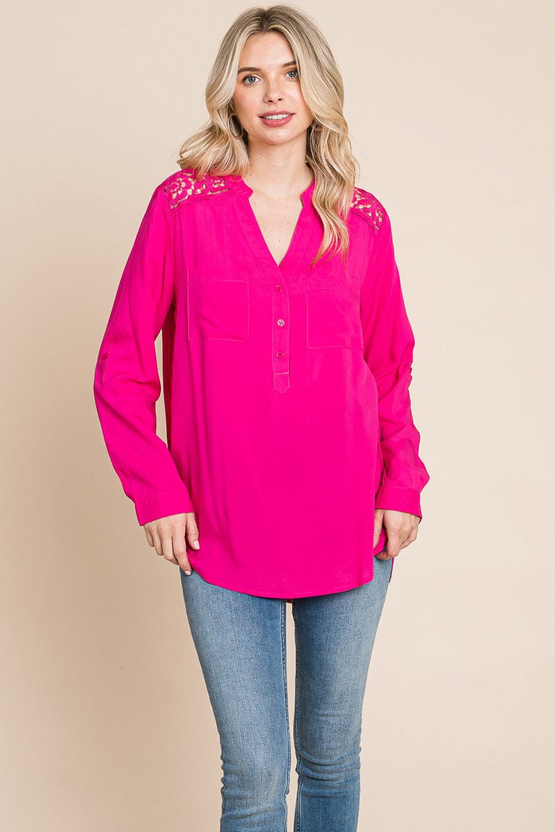 V neck Lace Long Sleeve Cotton Blouse Tops