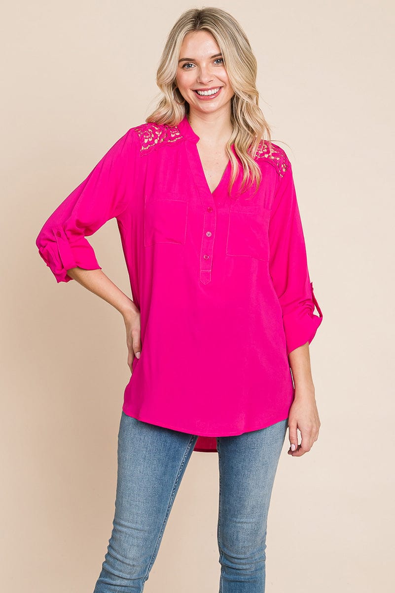 V neck Lace Long Sleeve Cotton Blouse Tops