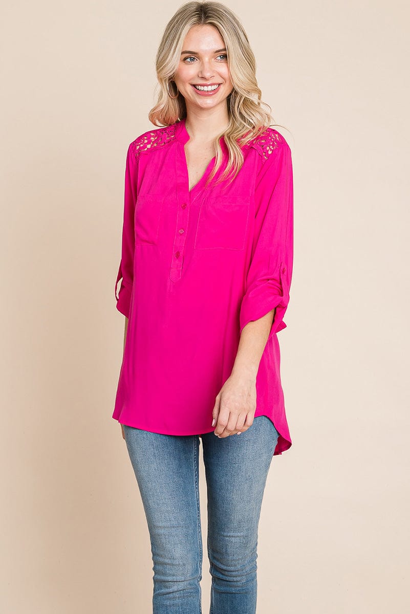 V neck Lace Long Sleeve Cotton Blouse Tops