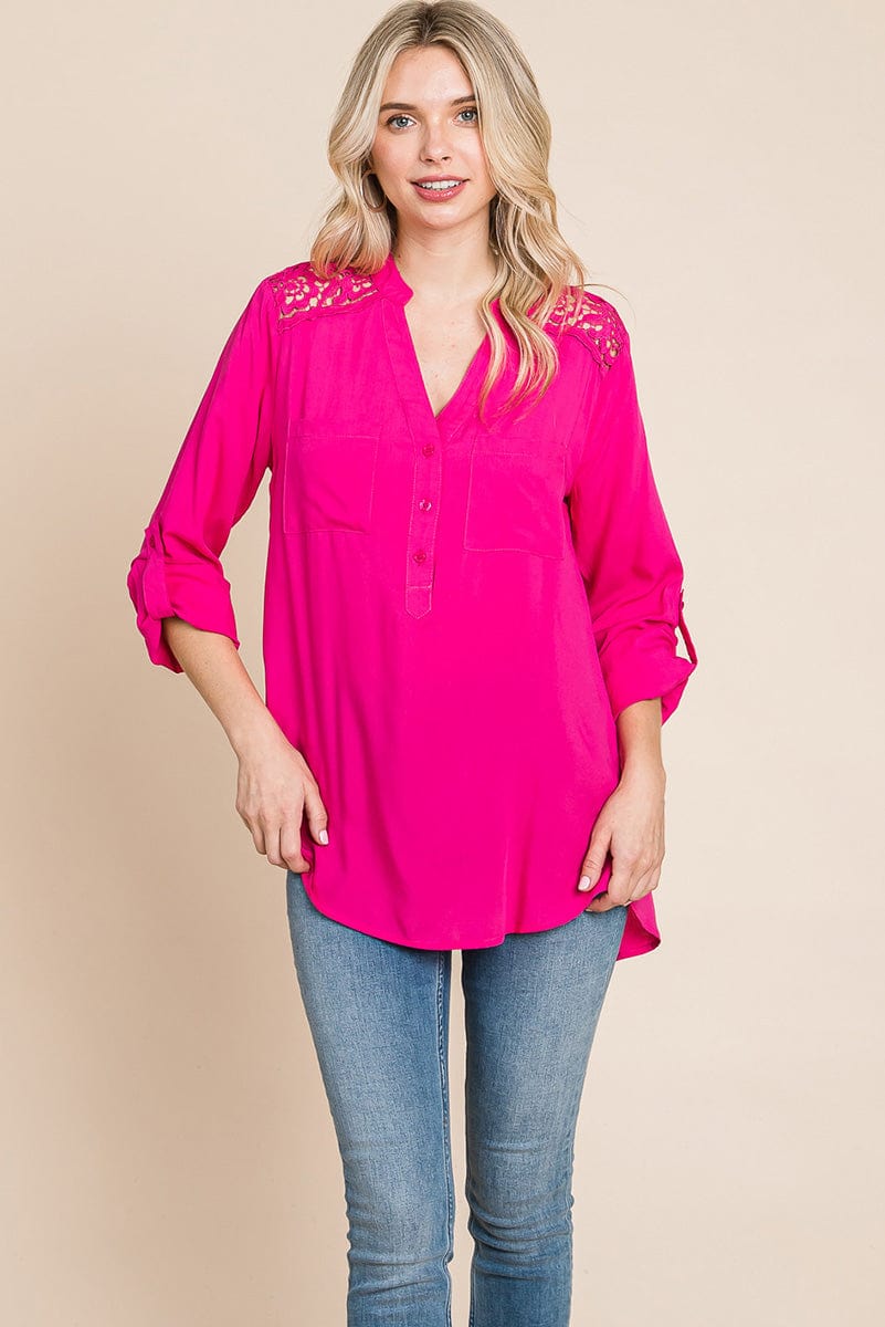 V neck Lace Long Sleeve Cotton Blouse Tops