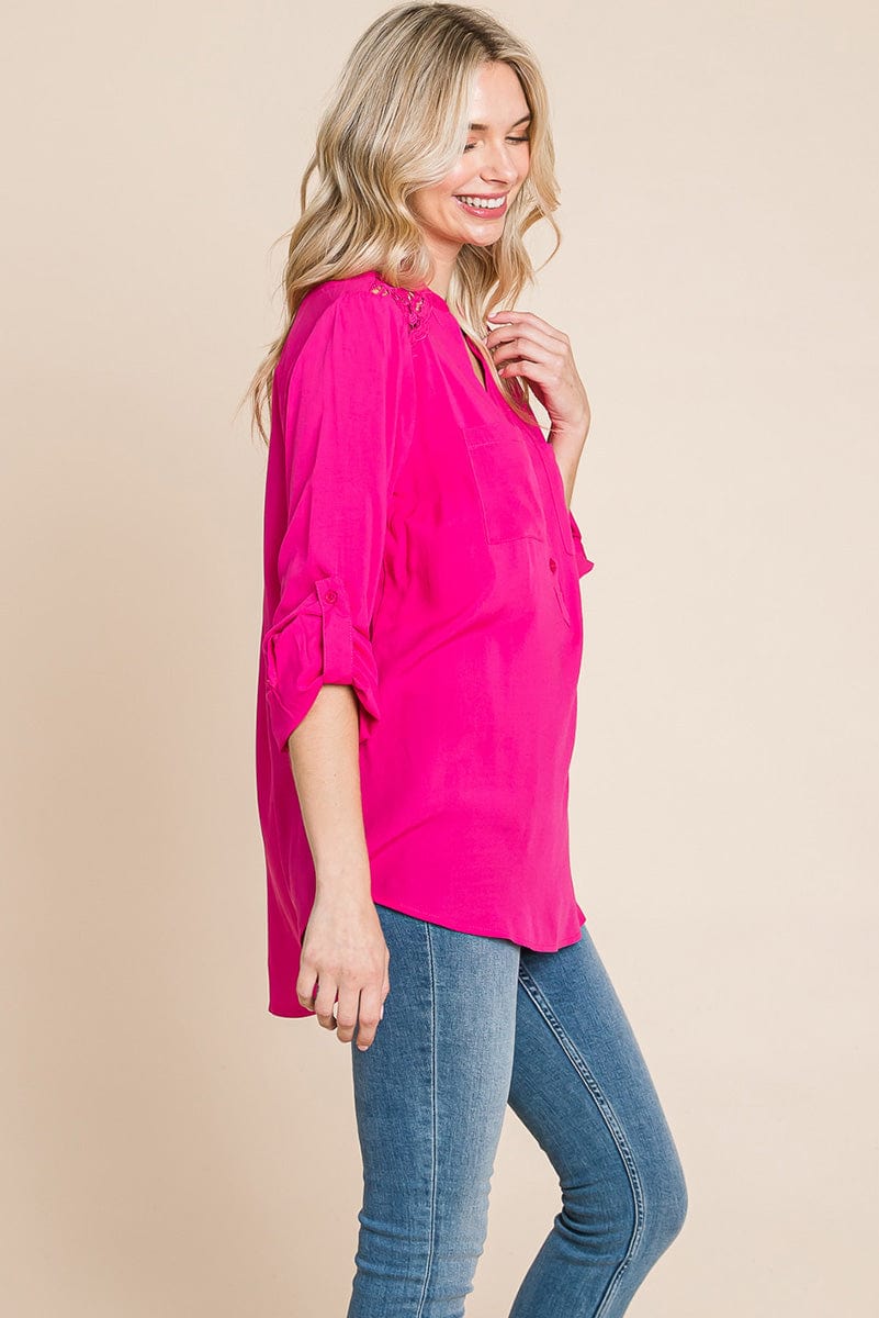 V neck Lace Long Sleeve Cotton Blouse Tops