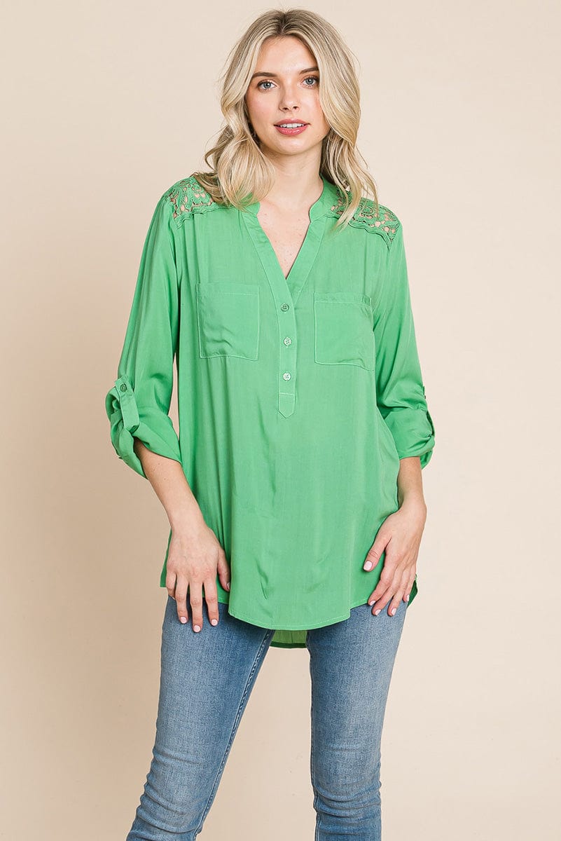 V neck Lace Long Sleeve Cotton Blouse Tops