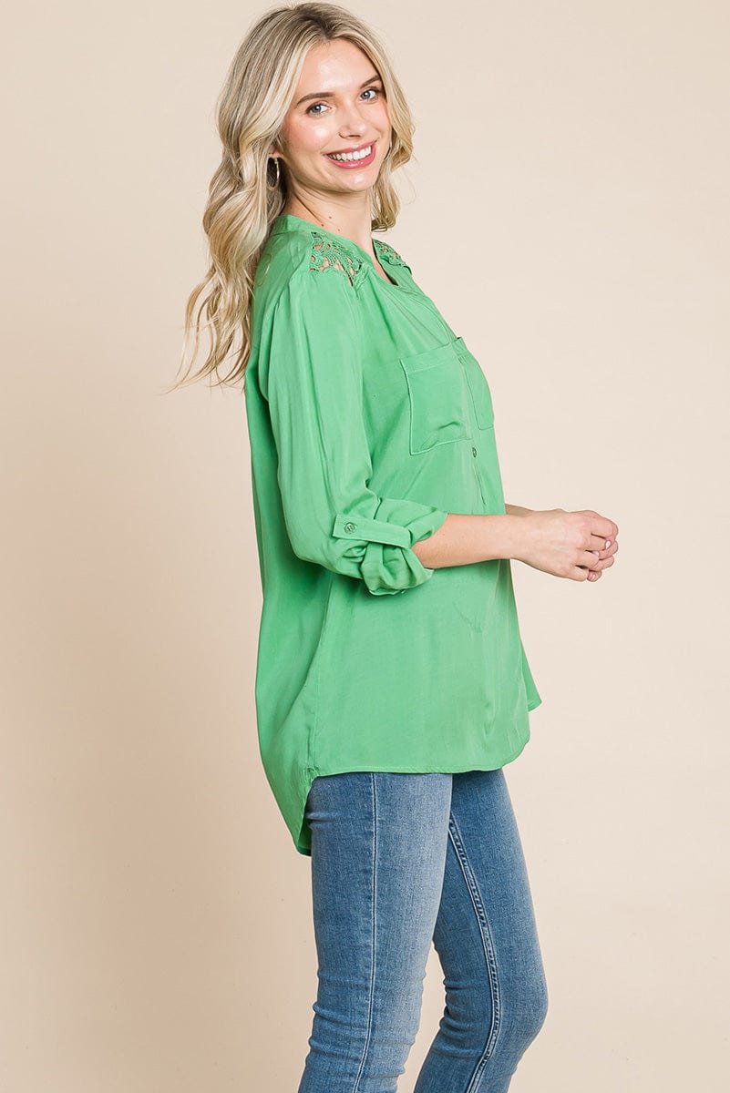 V neck Lace Long Sleeve Cotton Blouse Tops